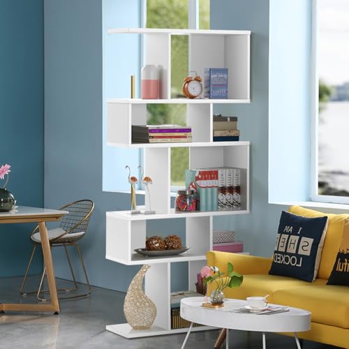 Giantex 5-Tier Geometric Bookshelf White, 70'' Tall Wood Freestanding Decorative Display Open Shelves with Anti-Tipping Device, Each Shelf Holds up to 44 lbs, Wooden S Shaped Bookcase - color: White