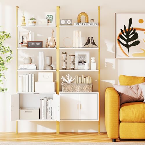 Giantex 5-Tier Wall-Mounted Ladder Shelf, 72.5" Tall Bookshelf w/ 2-Door Cabinet, Modern Style Kitchen Open Shelving Organizer, Heavy-Duty Metal Frame Display Rack for Living Room,White & Gold - color: White & Gold