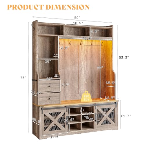 AMERLIFE 75" 7-in-1 Farmhouse Hall Tree with Shoe Bench & LED, Rustic Grey | 7-in-1 Design, 16-Color RGB LED Lights, Barn Door Cabinet, 12 Shoe Cubbies, 2 Drawers, Adjustable Shelves, Coat Racks - color: Rustic Grey