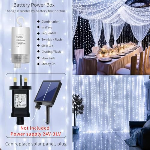 Curtain Lights Battery Powered 10*10Ft 300LED Waterproof Waterfall Light with 8 Modes Remote Dimmable Timer Memory Twinkle Fairy String Lights for Indoor Outdoor Gazebo Wedding Party Pergola Christmas - color: Cool white 300LED