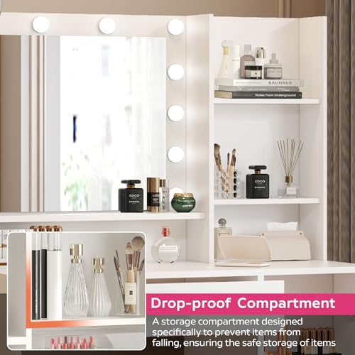 Palimder Vanity Desk with Mirror & Light, Large Drawer Three Level Storage Dresser, 3 Lighting Modes Adjustable Brightness, Bedroom Dressing Table - color: Purewhite