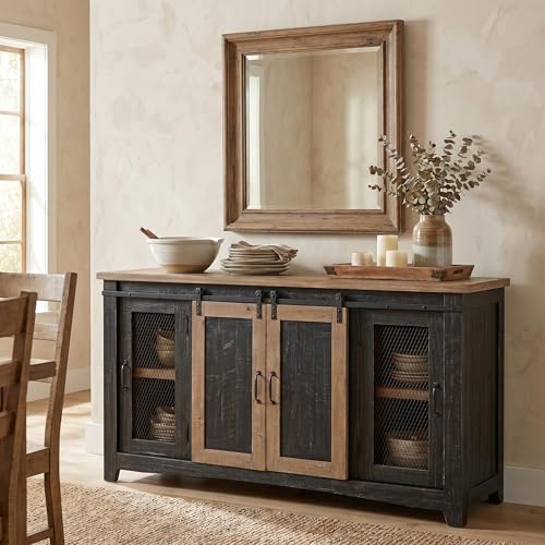 Martin Svensson Home Rustic 65" Wood Entertainment Center Black & Driftwood | Solid Pine, TV Stand, Sliding Doors, Adjustable Shelves & Cable Management, for TVs up to 70" - color: Black and Driftwood