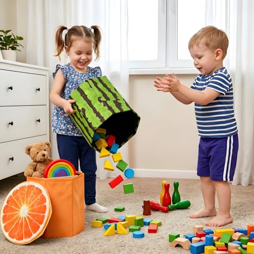 Covzoe 3 Pack Fruit Storage Stool, 12 x 12 Inch Folding Stool Ottoman | Collapsible Storage Seat Chest with Foam Cushion, Creative Organizer Stools Box for Patio Foot Rest