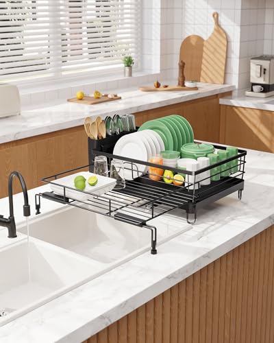 Kitsure Adjustable Dish Drying Rack, 15.6''-25.2''L × 16.9''W, Black | Large Dish Drying Rack, Rust-Resistant Dish Racks for Kitchen Counter, With Adjustable Support Legs, Cutlery Holder - color: Black