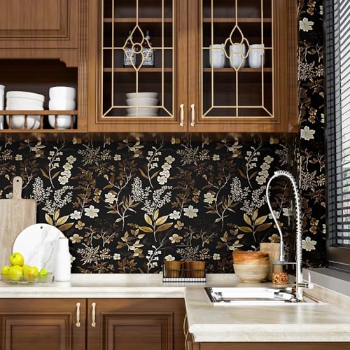Vintage Leaf Peel and Stick Wallpaper 17.4" x 118" | Renter Friendly, Removable & Waterproof, Vinyl Easy Install for Bedrooms, Bathrooms, Kitchens, Cabinets and Home Decor - color: Brown/Black, size: 17.4" x 118"