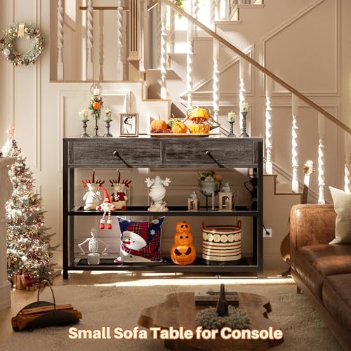 Ecoprsio 32" Small Entryway Table with Outlets, Console Table with Drawers | Couch Table behind Sofa, Entry Way Table with Shelves Storage, for Living Room, Hallway, Bedroom, Grey Oak - color: Grey Oak, size: 32-In