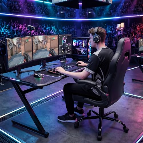 Sweetcrispy Computer Gaming Chair, Home Office Desk Chair, PU Leather | Big Tall Ergonomic, Flip-up Armrest, 360 Swivel Wheels, PU Leather Height Adjustable, Home Computer, Black - color: Black
