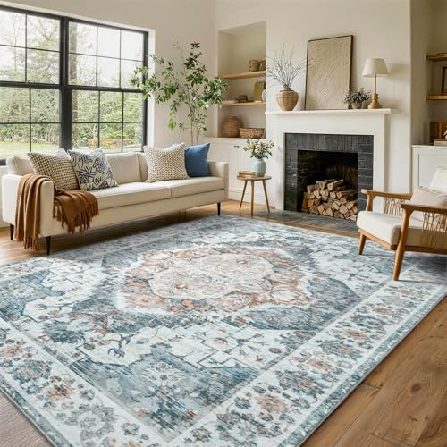 8x10 Area Rugs for Living Room Vintage Washable Rug for Bedroom Light Blue | Soft Low-Pile Stain Resistant Large Indoor Carpet With Non Slip Backing for Dining Room Nursery,Thin,Foldable,Home Decor - color: 24f04-light Blue, size: 8' x 10' (Rectangular)