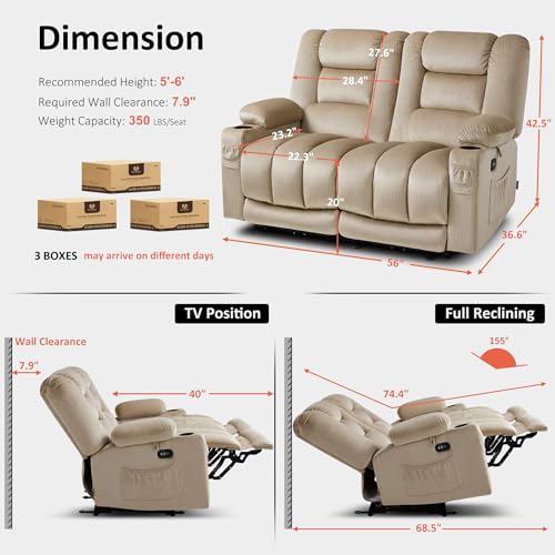 MCombo 56 in Reclining Loveseat Recliner with Heat & Massage PR648 (Beige) | 155° Zero Gravity, Dual Charging Ports, Cup Holders, FSC & OEKO Certified - color: Beige, size: Loveseat Recliner with Zero Gravity