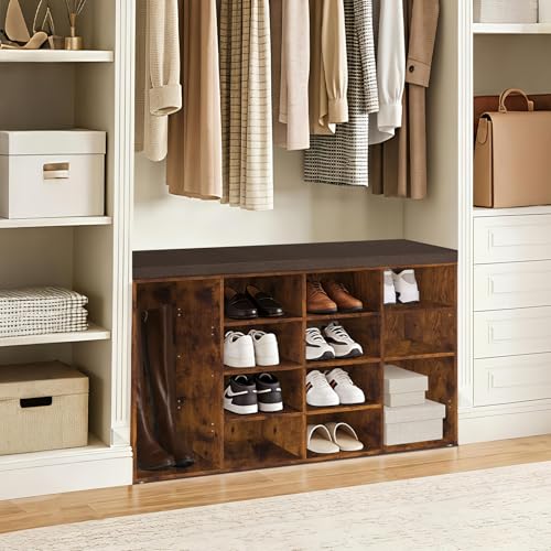 Shoe Storage Bench with Cushion, 14-Cubby Shoe Rack with Seat | 40.9"L Entryway Shoe Organizer Bench, Adjustable Shelves for Boots, Removable Washable Cushion, Closet/Hallway, Rustic Brown - color: Rustic Brown, size: 14 Cubby