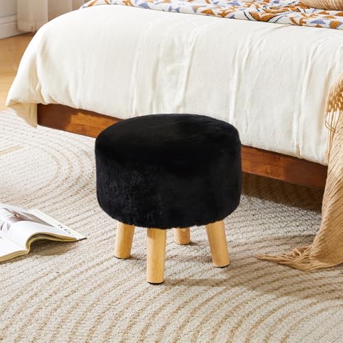 YMYNY Round Pouf Ottoman, 12.6" Small Foot Stool, Black HBD035B | Faux Fur, Wood Legs, Foot Rest for Couch, Modern Boho for Living Room Bedroom Office - color: Black