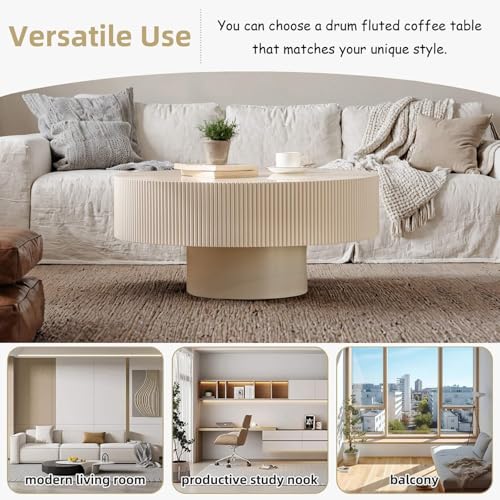 Round Drum Fluted Coffee Table (H) | Modern Wood Coffee Table with Circle Pedestal Center Tables Fluted Accent Tea Tables for Apartment Living Room - color: H