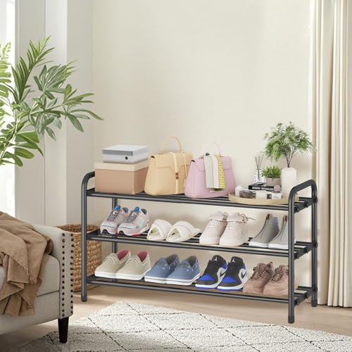 Expandable 3-Tier Shoe Rack for Closet & Entryway, Metal Shoe Organizer | Expandable • Adjustable Width • Holds 12 Pairs • Heavy-Duty Metal • Tool-Free Assembly • Fits Small Spaces - color: Black, size: 3-Tiers