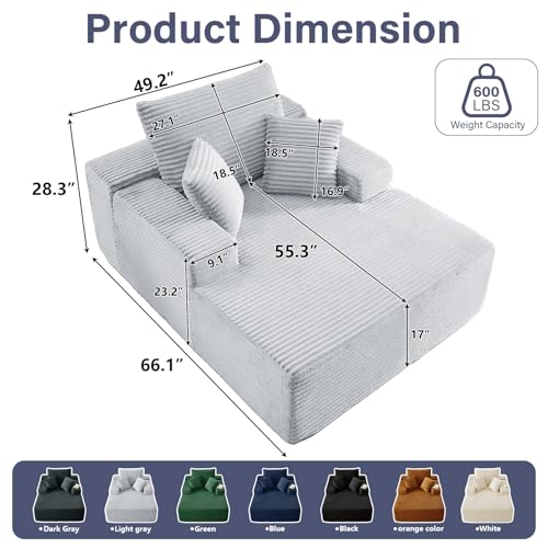 49.2" Oversized Chaise Lounge Chair Indoor, Modern Upholstered Deep Seat Sofa Bed, Sleeper Couch Reading Chairs, Comfy Corduroy Cloud Sofas Couches for Living Room, No Assembly, Grey - color: Grey, size: 49"