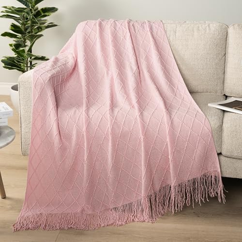 PAVILIA Light Pink Knit Throw Blanket, Soft Knitted Farmhouse, 50x60 | Lightweight Decorative Summer Fall Throw, Outdoor Textured Boho Blanket, For Couch Bed Sofa Chair Living Room Bedroom - color: Blossom Pink, size: 50 X 60 Inches - Throw
