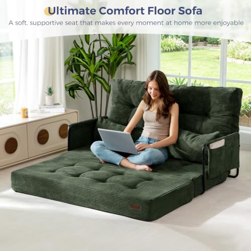 MAXYOYO Adjustable Folding Sofa Bed Couch with 2 Pillows, Dark Green | Multi-Functional Bean Bag Bed, 5-Position Foldable Lazy Floor Sofa Bed with Armrest, Versatile Floor Seating for Reading - color: Dark Green
