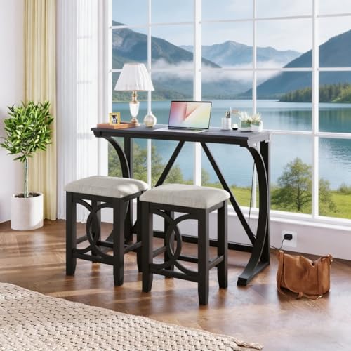 RuiSiSi 3 Piece Counter Height Dining Set, Farmhouse Kitchen Table Set with USB Port and 2 Upholstered Stools, Breakfast Nook Set for Kitchen, Dining Room, Living Room, Espresso - color: Espresso