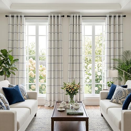 MYSKY HOME 100% Blackout Plaid Linen Curtains 63 Inches Long 2 Panels Double Layer Farmhouse Thermal Insulated Checkered Print Grommet Drapes for Living Room Bedroom, 2 Pcs, 52" Wide, Navy Blue - color: Navy Blue, size: 52"W x 63"L (Pack of 2)