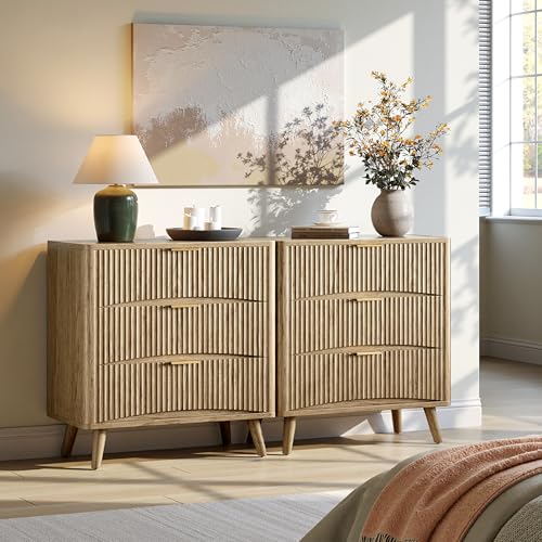 Evermagin 31.5" W Oversized Large Fluted Nightstands Set of 2 | 3 Drawers Light Wood Night Stand Bedside Table, Mid Century Modern Small Dresser for Bedroom, livingroom, Natural Oak - color: Oak, size: 15.78"D x 31.5"W x 29.35"H (3 Drawers)