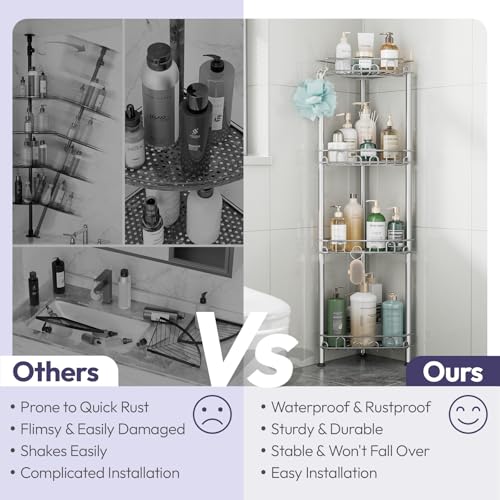 SWTYMIKI Standing Shower Caddy Corner - 4‑Tier Stainless Steel Shower Organizer Shelf with 12 Hooks and Adhesive Pads, Rustproof Corner Shelves Stand Rack for Bathroom Shower Room, Silver - color: Silver-4‑Tier