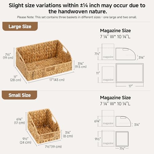 StorageWorks Water Hyacinth Basket Organizer, Pantry Storage Baskets,3-Pack | Wicker Baskets with Handles, Handwoven Shelf Baskets for Organizing, Handwoven Pantry Organizers and Storage, Pantry Baskets - color: Natural(Water Hyacinth), size: 17"L x 11"W