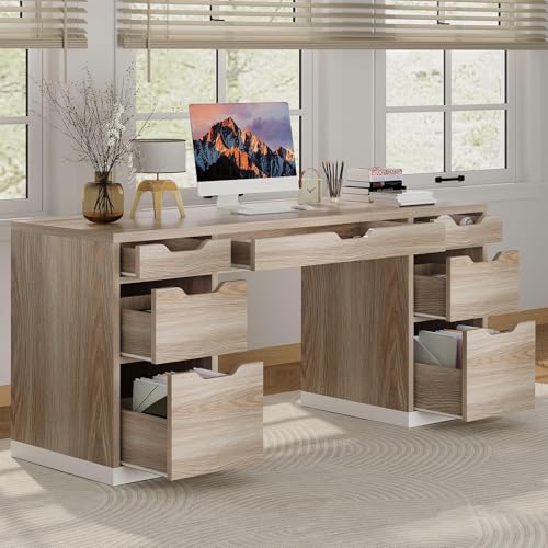 Computer Desk with Drawers, Small Office Desk with Storage, Light Walnut | 54 Inch Writing Desk with 7 Storage Drawers, Study Desk for Bedroom, Small Spaces - color: Light Walnut