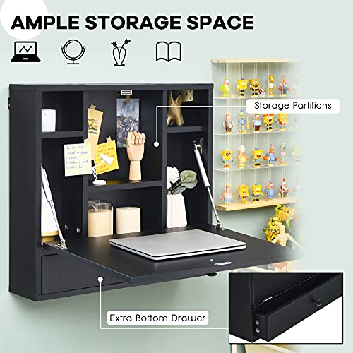Tangkula Pneumatic Floating Desk - Wall Mounted Laptop Desk with Magnetic Foldable Tabletop, Space Saving Table with Storage Drawer and Shelves (Black) - color: Black