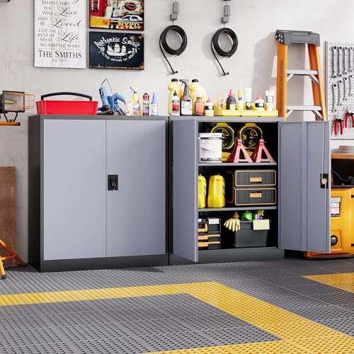 Metal Storage Cabinets with Lock Door,2 Adjustable Shelves Organizer Steel Storage Cabinets for Home,Office,Warehouse,Garage,Employee Lockers(Black Gray) - color: Black Grey, size: 16"D x 32"W x 36"H