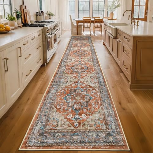 Bsmathom Runner Rug for Hallways Non Slip Washable Boho 2x10 Hallway Low Pile Throw Rugs Vintage Carpet Runners for Entry Way, Kitchen, Laundry Room, Bathroom - color: Brown Red, size: 2' x 10' (Runner)