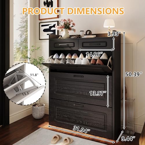 Lakifun Narrow Shoe Organizer Cabinet with 3 Large Flip Drawers & 2 Storage Drawers - Slim Shoe Storage for Entryway, Hallway, Bedroom, Apartment, Dark Black - color: Dark Black
