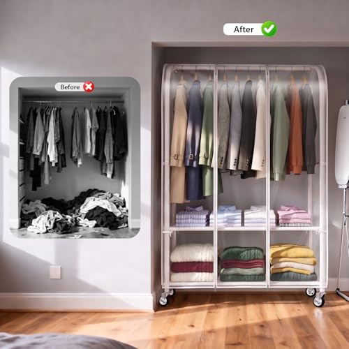 Univivi Rolling Clothes Rack with Clear Dust Cover and Bottom Storage Shelf | Heavy-Duty Metal Frame Clothing Rack, Clear Dustproof Cover, 360° Rotation Wheels, Portable Closet for Bedroom, Laundry Room - color: White Rack with Clear Cover