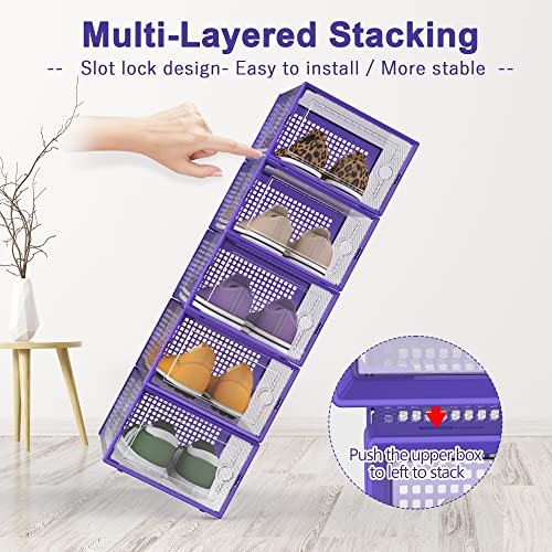 Kuject Large Shoe Organizers Storage Boxes for Closet, 12 Pack Clear Plastic Stackable Storage Bins with Lids, Under Bed Shoe Containers for Entryway, Drop Front, Fit up to Women's Size 10,Purple - color: Purple, size: Large