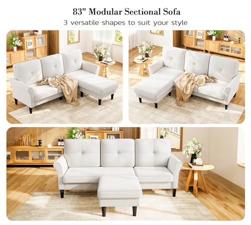 Small Sectional Couch, 83" L Shaped Couch, Modular Sectional Sofa, White | Comfy Velvet, Tool-Free Setup, 800 LBS Load Bearing, Movable Ottoman, Modern Couch, Sofas for Living Room, Bedroom Couch - color: White, size: 83" L Shape