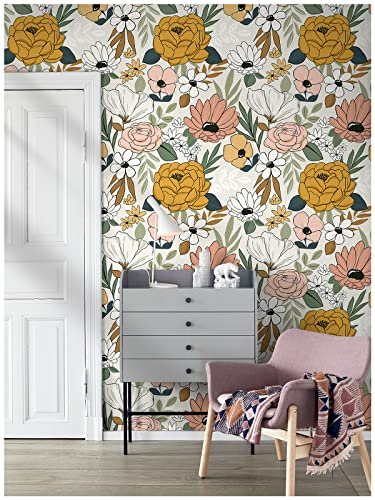 HAOKHOME White Floral Contact Paper Peel and Stick Wallpaper Daisy Vintage | Textured Removable Waterproof Renter Friendly Stick on Wall Paper SandOlive Cottagecore Cabinet Shelf Bathroom 17.7in x 6.6ft - color: White/Sand/Oliva, size: DIY:17.7in x6.6ft