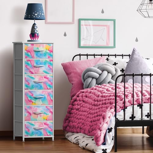 Sorbus Dresser Storage Tower, Organizer Drawers for Closet Boys & Girls Bedroom, Bedside Furniture, Chest for Home, College Dorm, Steel Frame, Wood Top, Tie-dye Fabric Bins (4-Drawer, Pastel Tie-dye) - color: Rainbow Sparkle, style: 6 Drawer