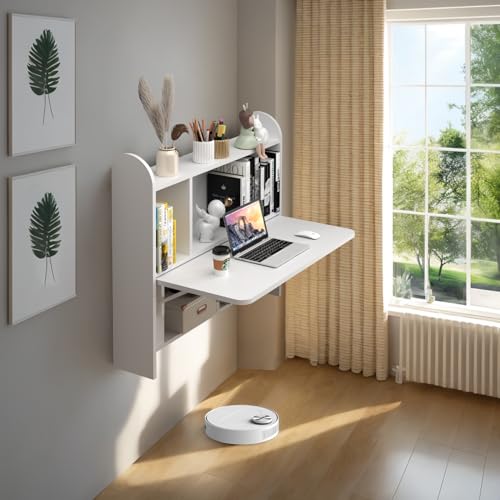 Wall Mounted Drop-Leaf Table, Floating Laptop Desk, Folding Table with Shelves, Multifunctional Computer Workstation with Storage Compartments in Home Office for Space Saving (White) - color: White