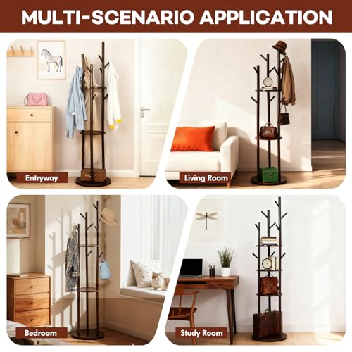Freestanding Coat Rack, Solid Pine Wood Rotary Coat Tree with 3 Shelves and 9 Hanging Handles, Coat Hanger Stand for Bedroom, Entryway, Livingroom(Walnut Color)