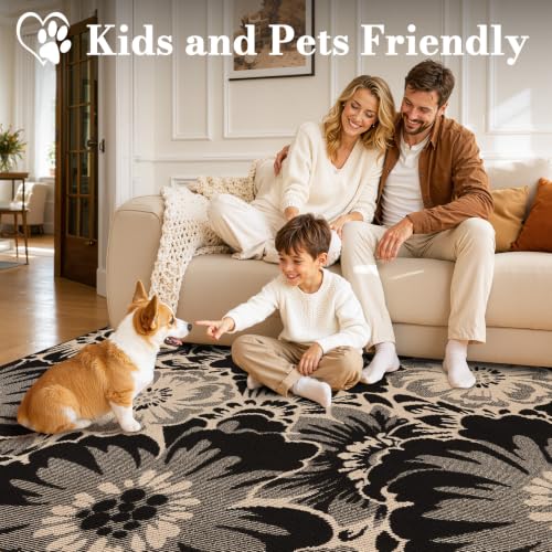 Findosom Washable Area Rug 6x9, Non Slip High-Low Textured Floral Rugs for Living Room with Rubber Backing, Boho Carpet for Bedroom, Kitchen, Entryway, Laundry, Black & Beige - color: Black/Beige, size: 6' x 9'