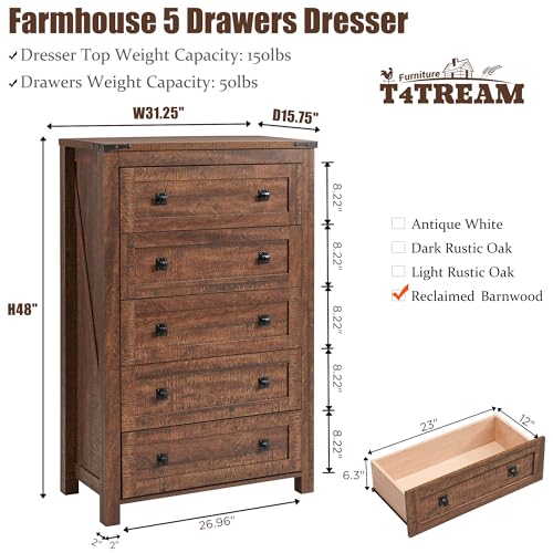 T4TREAM 48" Tall Farmhouse 5-Drawer Dresser for Bedroom, Reclaimed Barnwood | Rustic chests of drawers, Wood Storage Cabinet, Metal Handle, Unique Corner Accent, Bedroom, Living Room, Hallway - color: Reclaimed Barnwood, size: 15.8"D x 31.3"W x 48"H (5 Dr
