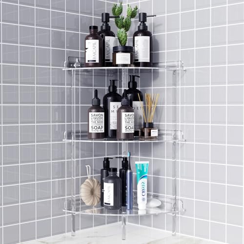 Bakzon Corner Shower Caddy, 3 Tier Acrylic Shower Organizer Corner for Inside Shower, Rustproof Floor Standing Shower Shelves for Bathroom, Clear - style: Floor Standing-3 Tier