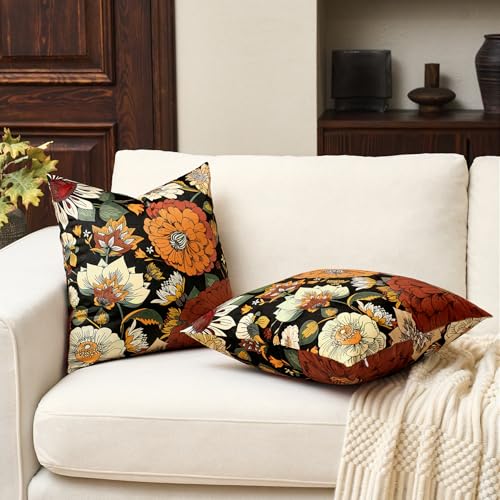Tyrot Black Boho Floral Velvet Throw Pillow Covers 18x18 Inch Set of 2 Farmhouse Vintage Cushion Covers Mid Century Modern Botanical Home Decor Pillow Cases for Couch Bed Sofa Living Room, Bedroom - color: Warm Ember, size: 18" x 18" (Pack of 2)