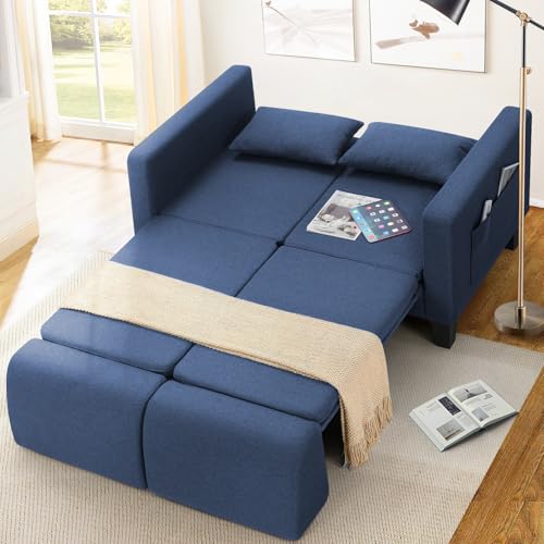 6-in-1 Convertible Sofa Bed, 58" Loveseat Sleeper Sofas, Blue | Pull Out Couch Bed with Removable Backrest, Storage Pockets and 2 Pillows, Modern Folding Linen Futon Couch for Small Spaces - color: Blue(58" W), size: 58" W