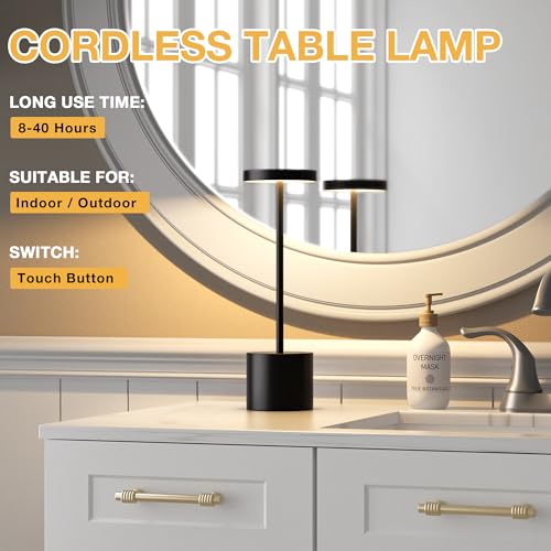 Cordless Rechargeable Table Lamp, 4000mAh Battery Operated, Black, 2 Pack | Wireless LED Lamp, 3 Color Modes, Stepless Dimming, for Dining Room, Bedroom, Bar, Cafe, Restaurant, Outdoor Patio, Camping - color: Black