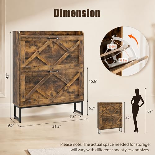 Shoe Cabinet Storage for Entryway, Slim Shoe Storage Cabinet with 2 Flip Drawers, Narrow Vertical Shoe Rack Cabinet with Metal Hooks, Small Space Solution for Hallway, Rustic Brown - color: Rustic Brown