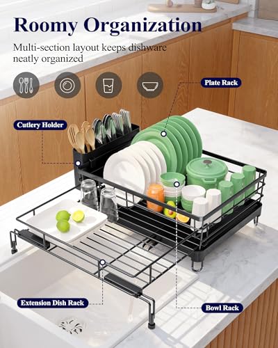 Kitsure Adjustable Dish Drying Rack, 15.6''-25.2''L × 16.9''W, Black | Large Dish Drying Rack, Rust-Resistant Dish Racks for Kitchen Counter, With Adjustable Support Legs, Cutlery Holder - color: Black