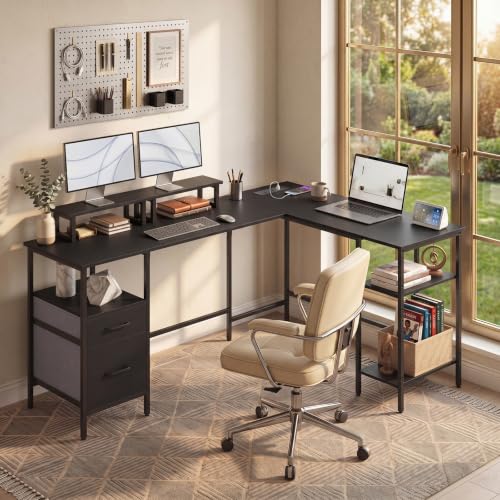 Tangkula 63" Reversible L Shaped Computer Desk w/Power Outlet & USB-C Port | Corner Gaming Desk w/Storage Drawers & Monitor Stand, Metal Frame, Study Writing Workstation for Home Office Study - color: Black