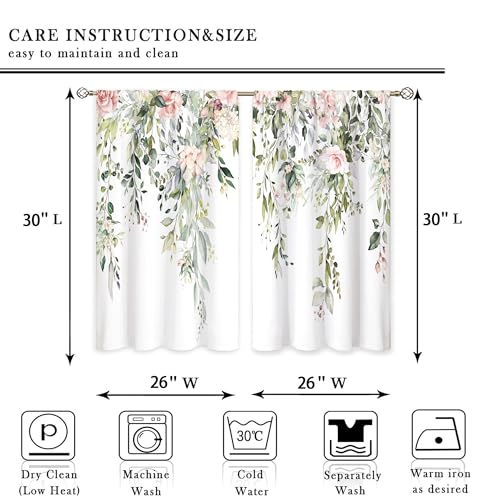 Pink Rose Eucalyptus Botanical Leaves Floral Kitchen Window Curtains Farmhouse Flower Leaf Small Window Treatment Sage Green Cafe Short Curtains for Bathroom Treatment Tier Drapes 26x30 inch - color: 04 Green Pink, size: 26"W x 30"L (Pack of 2)