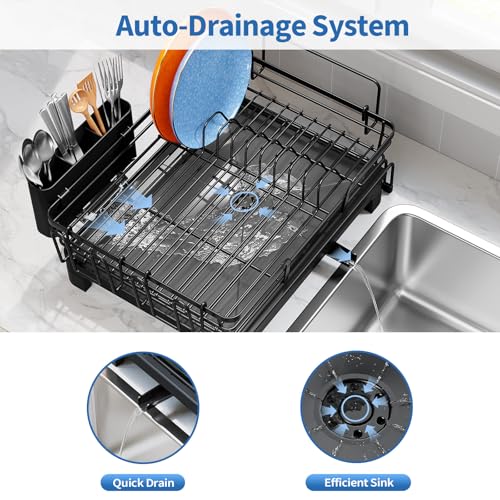 TOOLF Expandable Over The Sink Dish Drying Rack for Kitchen Counter, Black | Extend 12.56"-23.97"L,Stainless Steel & PP,Cups & Cutting Board Holder,Removable Utensil Holder,Adjustable Feet Fit Most Sink - size: 1-Tier(Side Extension)