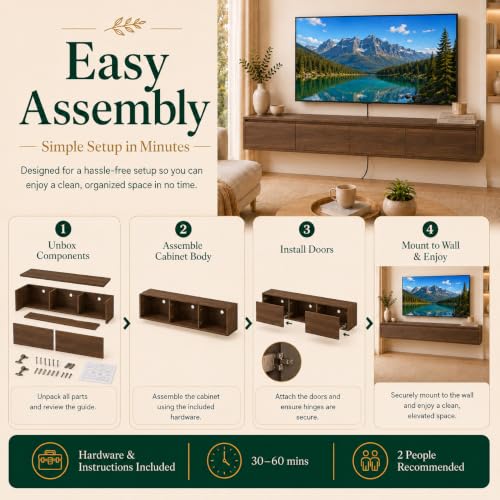 Brown Floating TV Stand Wall Mounted, 72.8" Media Console | Fits Up to 80* TV, Brown finish, midcentury modern tv stand. - color: Brown-c