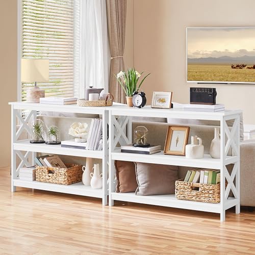 Yaheetech 42"L White Console Table 3-Tier Narrow X-Frame Open Storage Shelf | Sofa Table for Entryway, Hallway and Living Room, Slim 14" Depth, Powder-Coated MDF, 88 lb Top Load, Easy Assembly - color: White